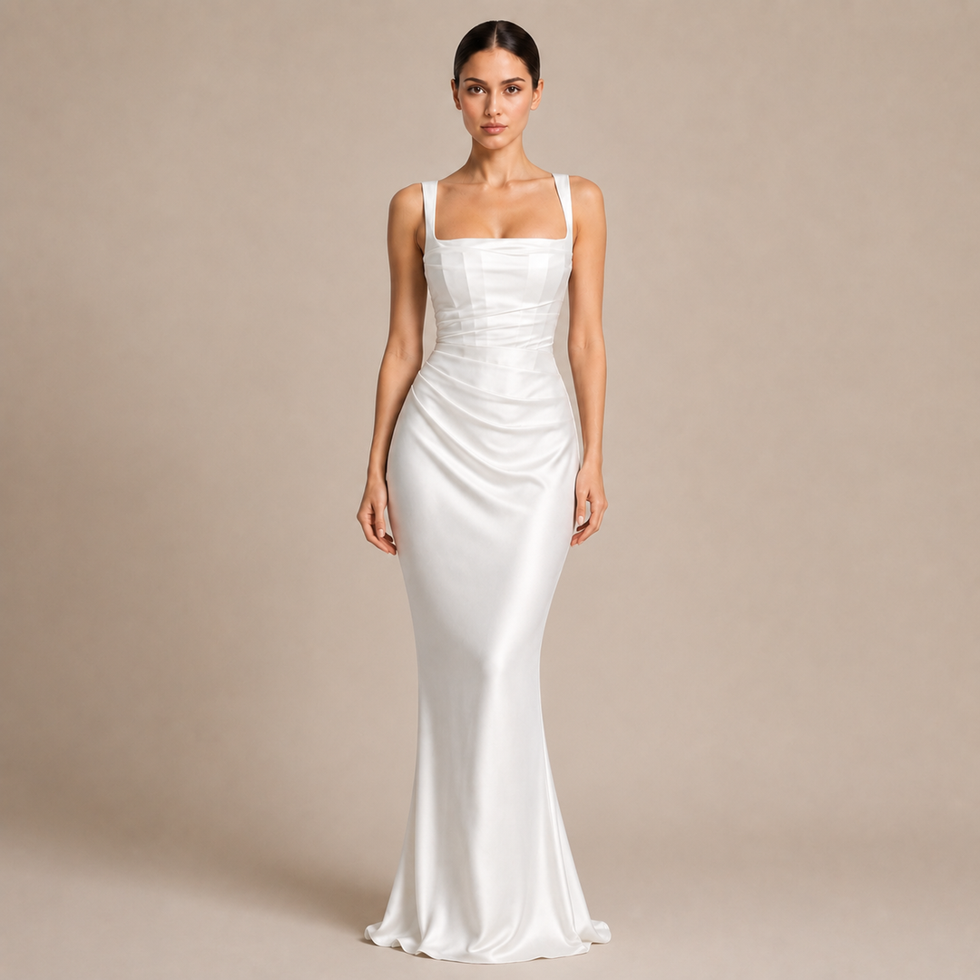 Robe Maxi à Encolure Carrée avec Fronces et Accessoires Assortis