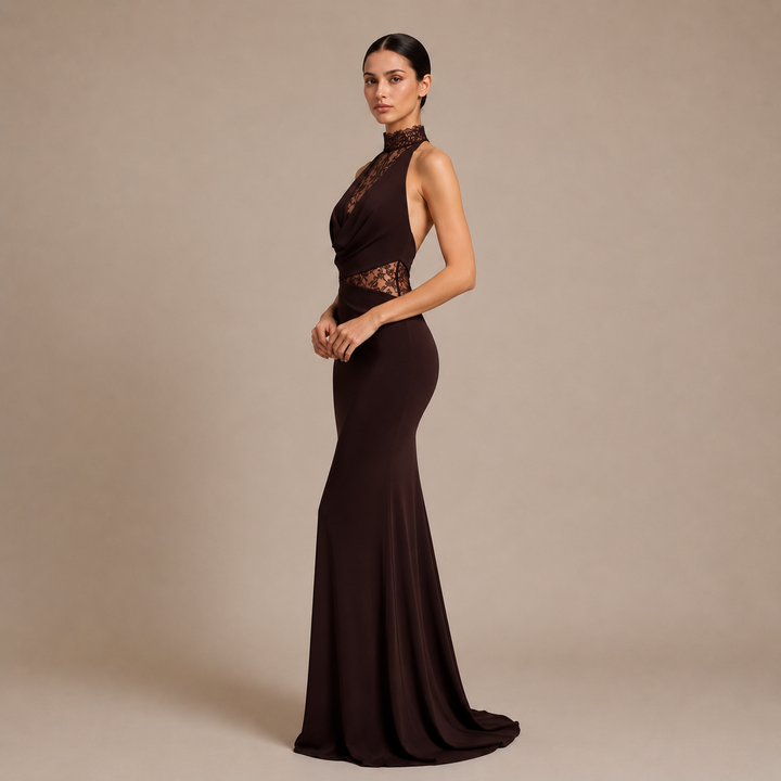 Robe Maxi à Col Halter avec Empiècements Transparents et Taille Marquée