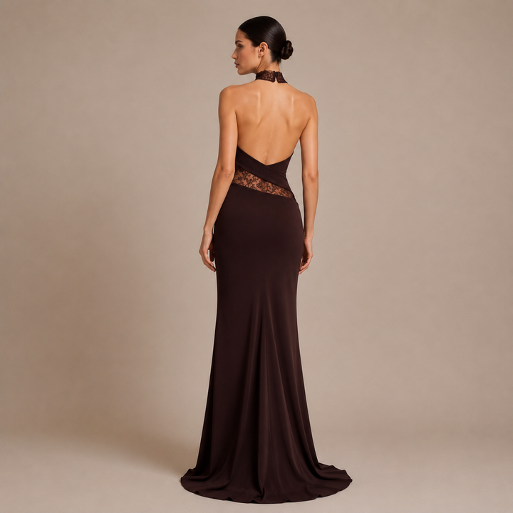 Robe Maxi à Col Halter avec Empiècements Transparents et Taille Marquée