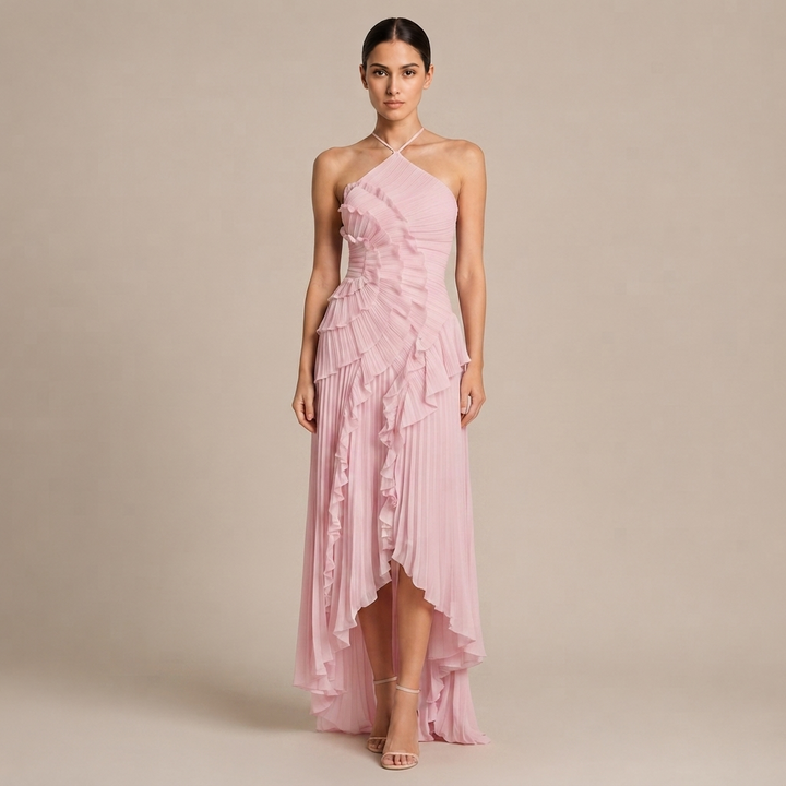 Robe Maxi à Col Halter avec Volants Superposés et Ourlet Asymétrique