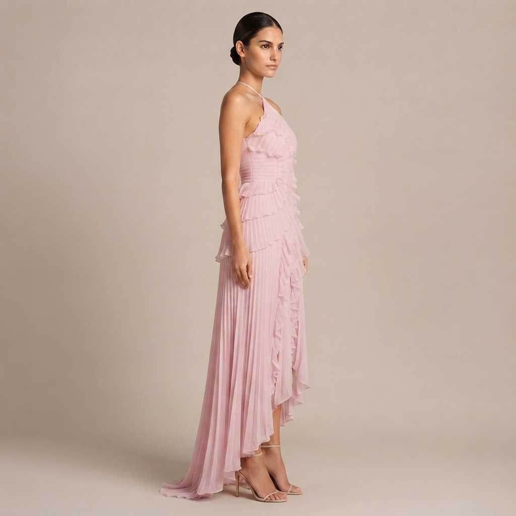 Robe Maxi à Col Halter avec Volants Superposés et Ourlet Asymétrique