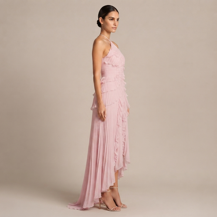 Robe Maxi à Col Halter avec Volants Superposés et Ourlet Asymétrique