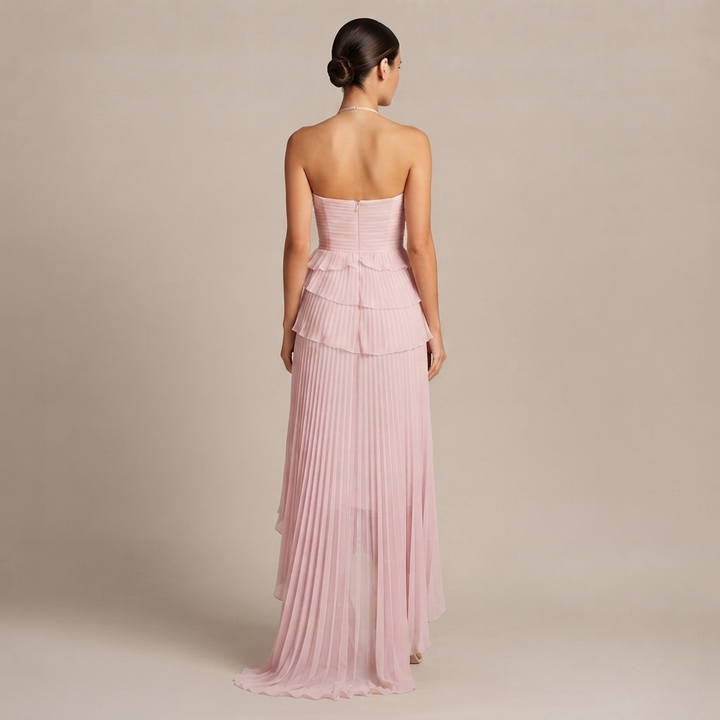 Robe Maxi à Col Halter avec Volants Superposés et Ourlet Asymétrique