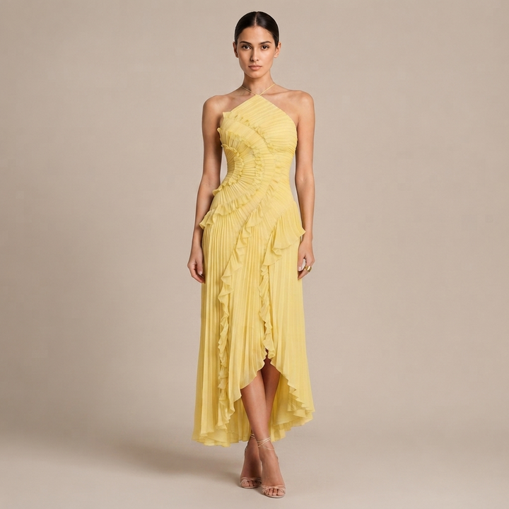 Robe Maxi à Col Halter avec Volants Superposés et Ourlet Asymétrique