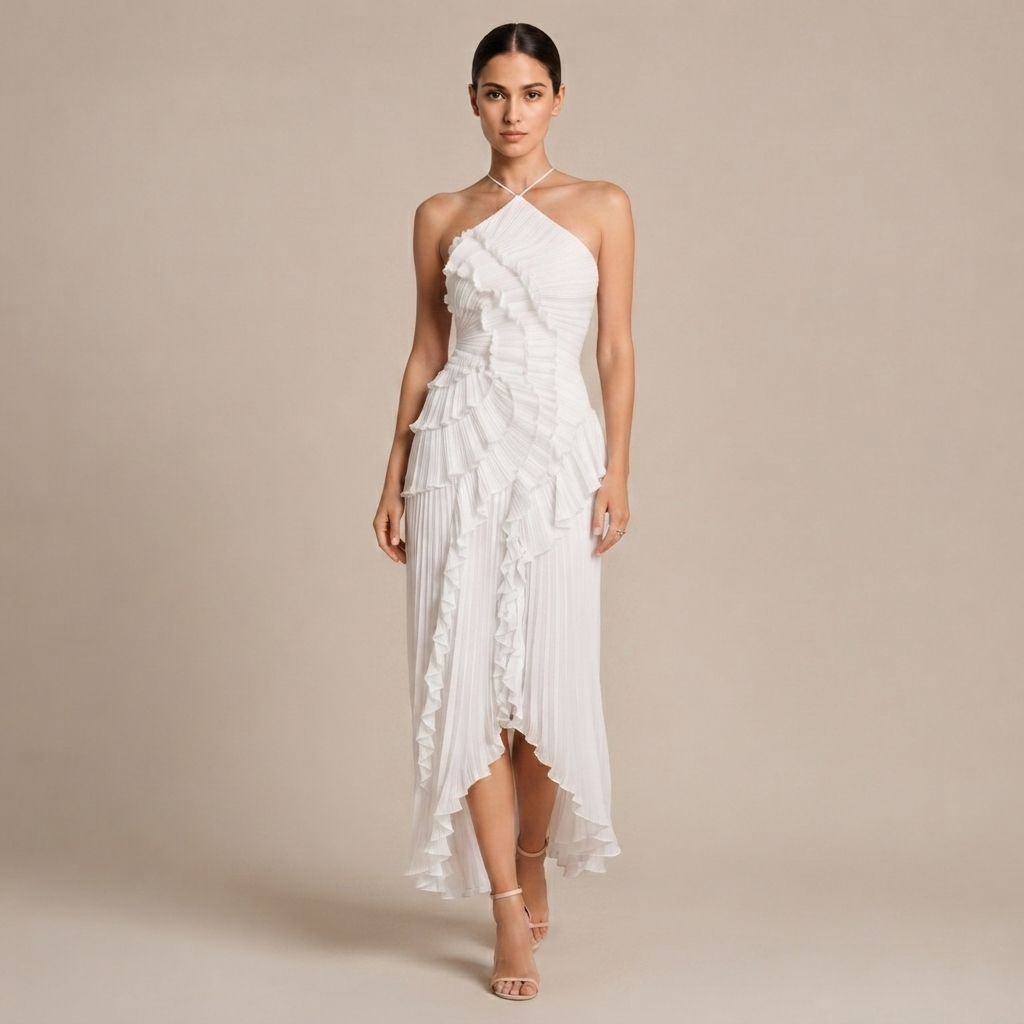 Robe Maxi à Col Halter avec Volants Superposés et Ourlet Asymétrique