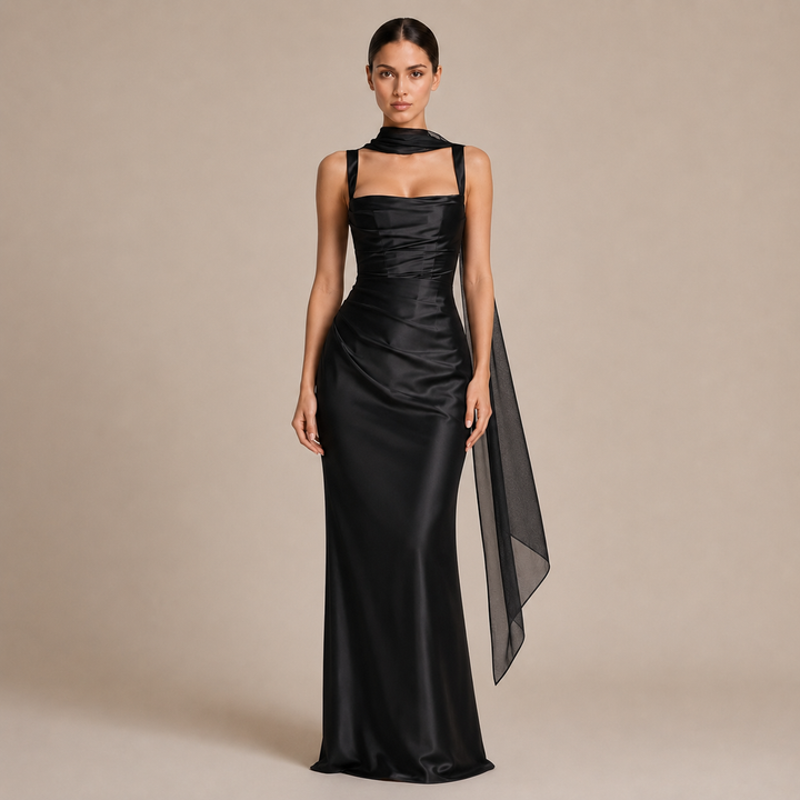 Robe Maxi à Encolure Carrée avec Fronces et Accessoires Assortis