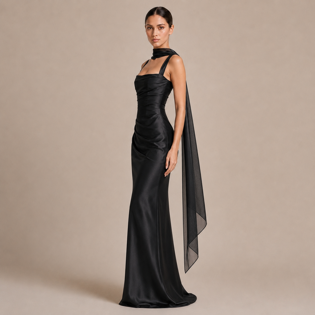 Robe Maxi à Encolure Carrée avec Fronces et Accessoires Assortis