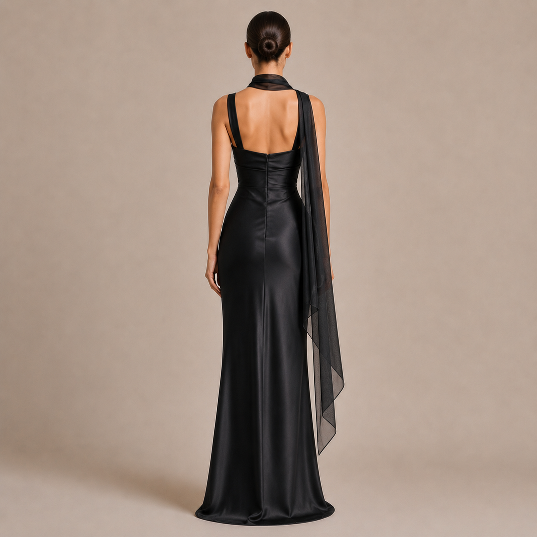 Robe Maxi à Encolure Carrée avec Fronces et Accessoires Assortis