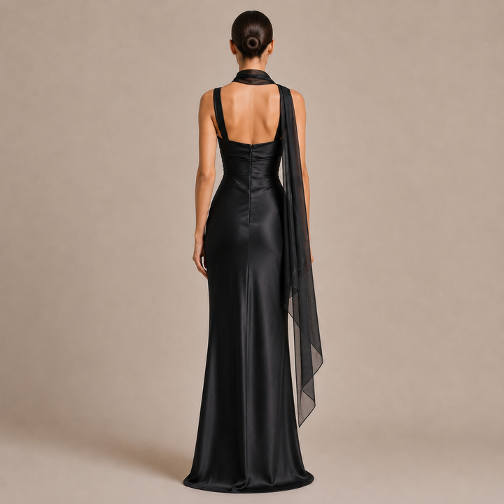 Robe Maxi à Encolure Carrée avec Fronces et Accessoires Assortis