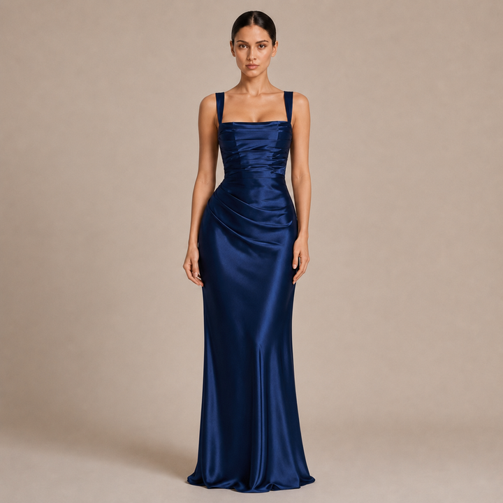 Robe Maxi à Encolure Carrée avec Fronces et Accessoires Assortis