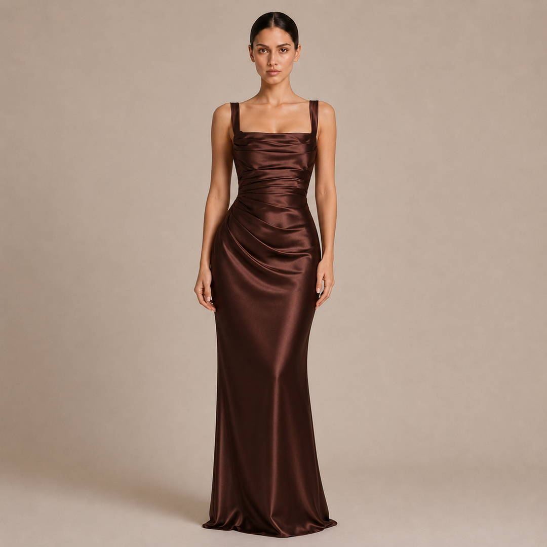 Robe Maxi à Encolure Carrée avec Fronces et Accessoires Assortis