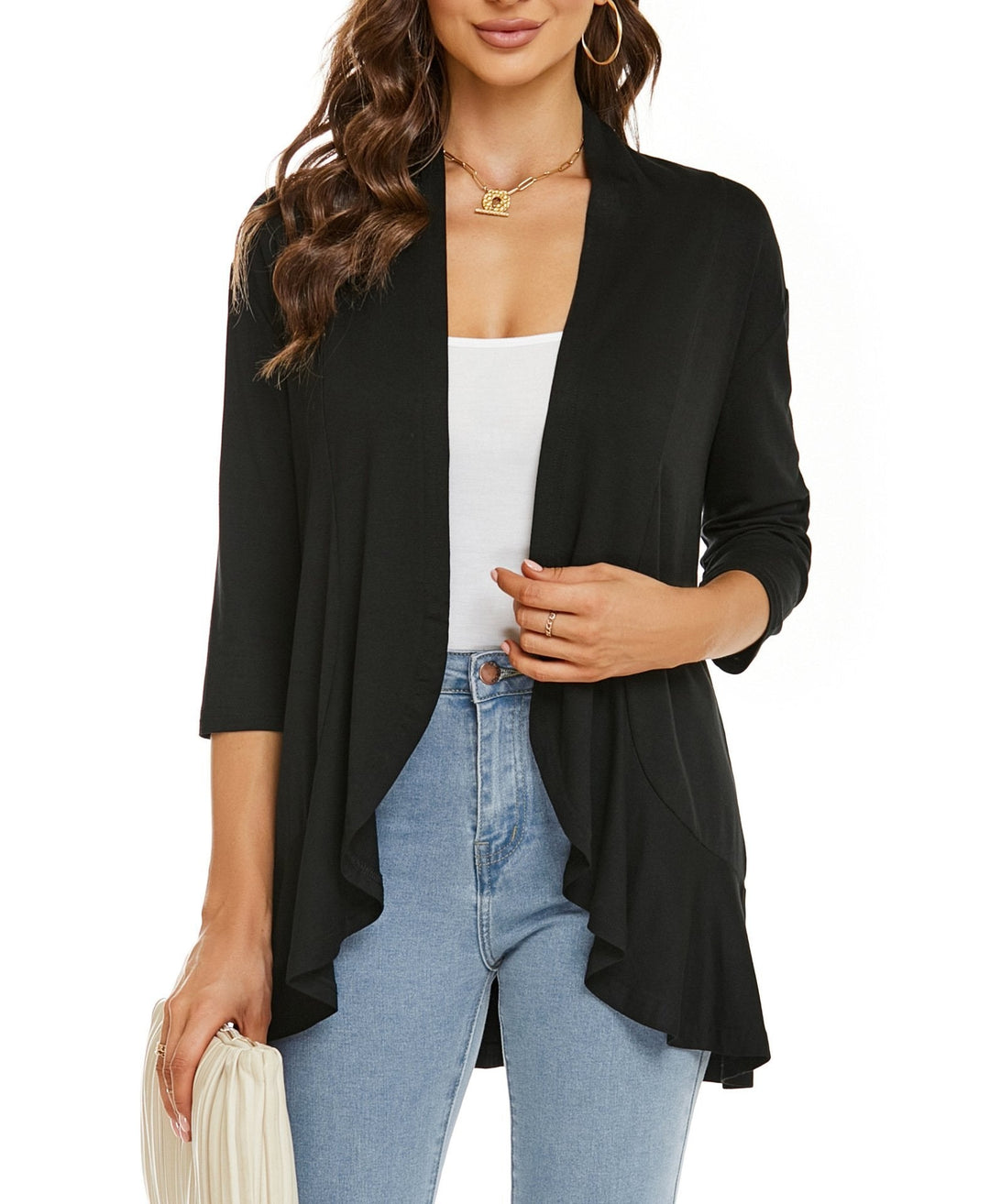 Alice | Cardigan Long Ouvert Femme Manches 3/4 Drapé