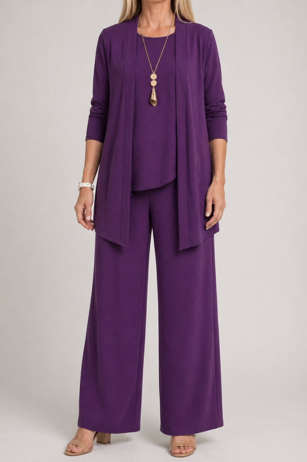 Amélie | Cardigan Long Femme Ensemble 3 Pièces Pantalon Jambes Larges