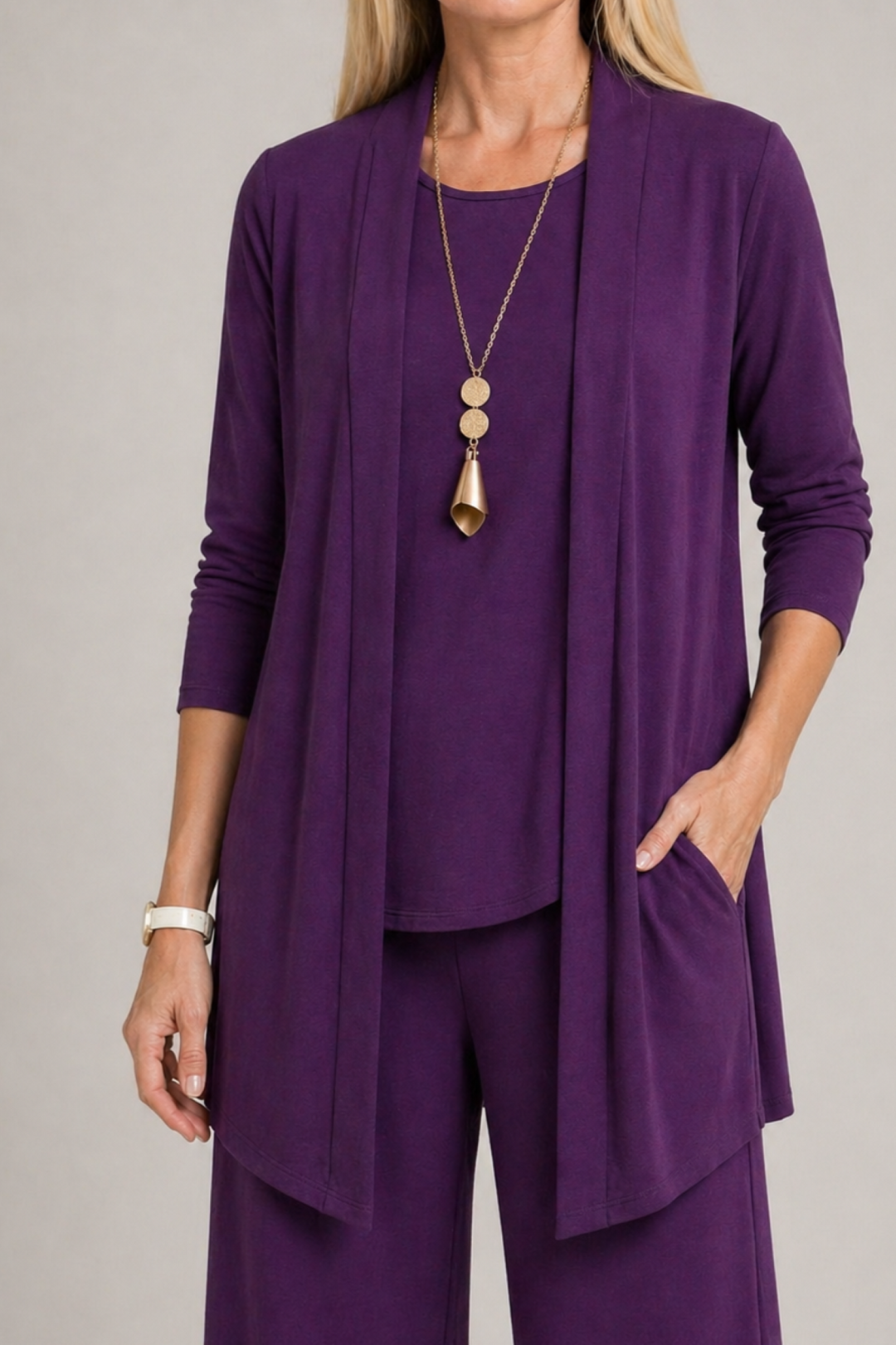 Amélie | Cardigan Long Femme Ensemble 3 Pièces Pantalon Jambes Larges