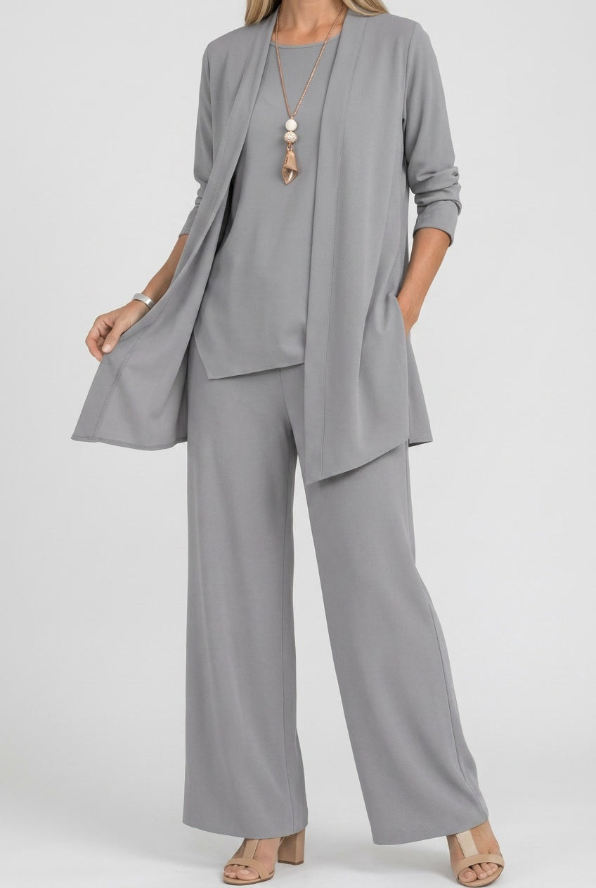 Amélie | Cardigan Long Femme Ensemble 3 Pièces Pantalon Jambes Larges