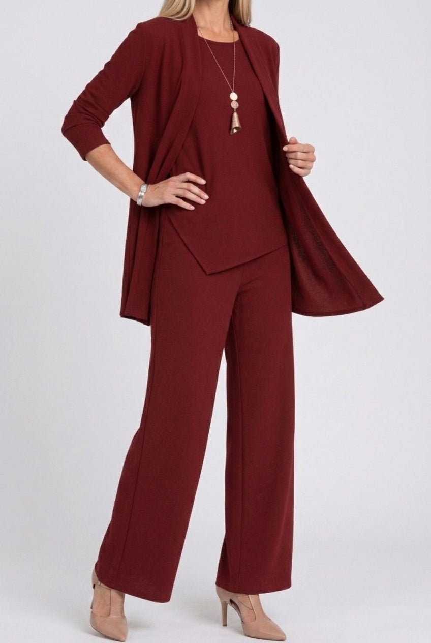 Amélie | Cardigan Long Femme Ensemble 3 Pièces Pantalon Jambes Larges