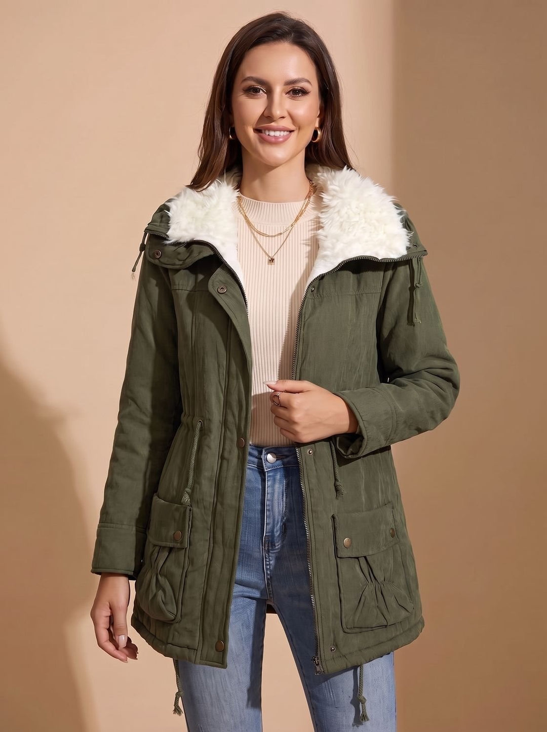Amélie | Parka Femme Manteau Fausse Fourrure à Capuche Taille Cintrée