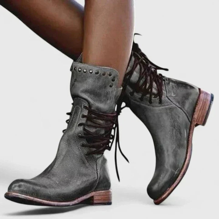 Anaïs | Boots Cuir Femme à Lacets Talon Bloc Rivets Vintage