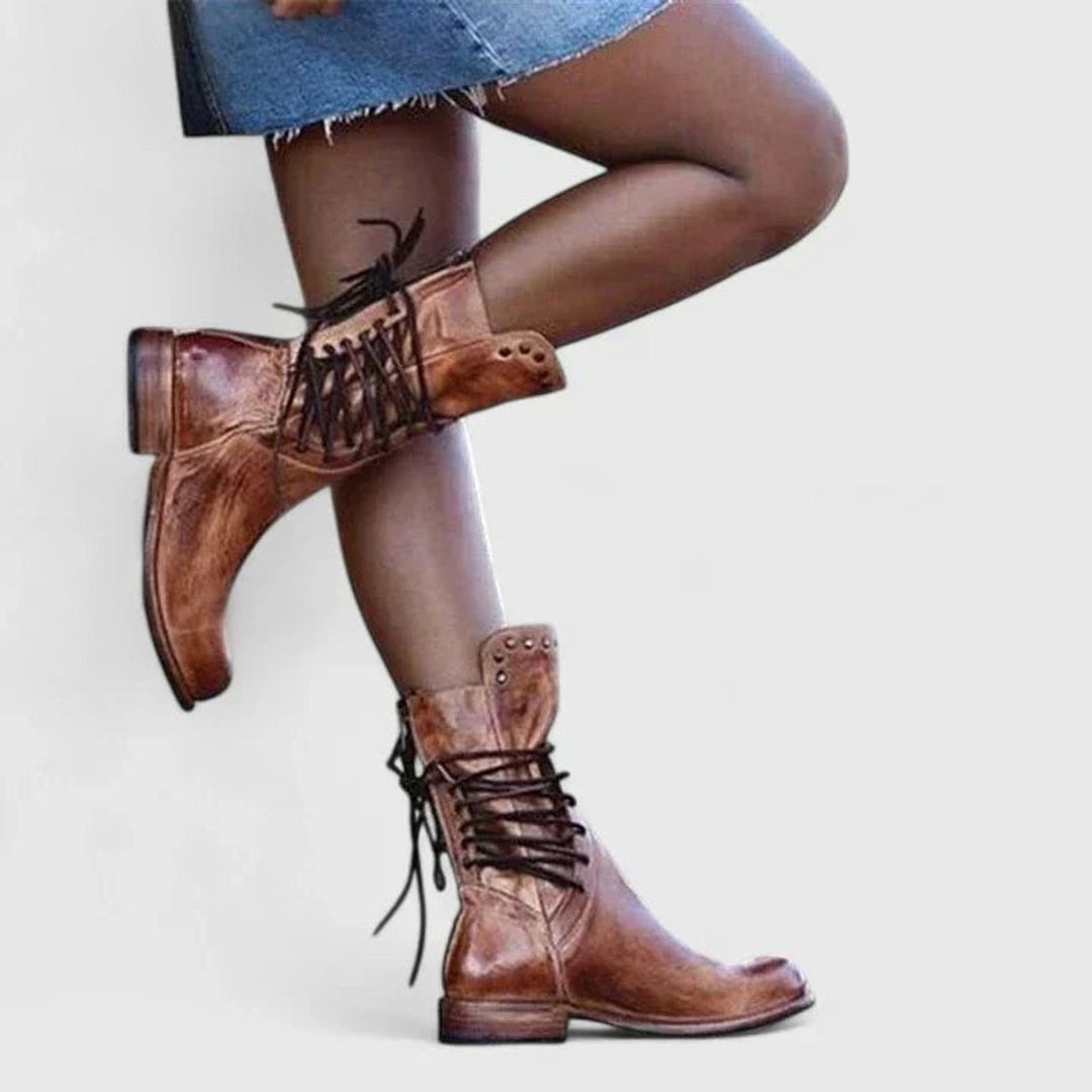 Anaïs | Boots Cuir Femme à Lacets Talon Bloc Rivets Vintage