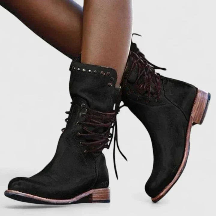 Anaïs | Boots Cuir Femme à Lacets Talon Bloc Rivets Vintage