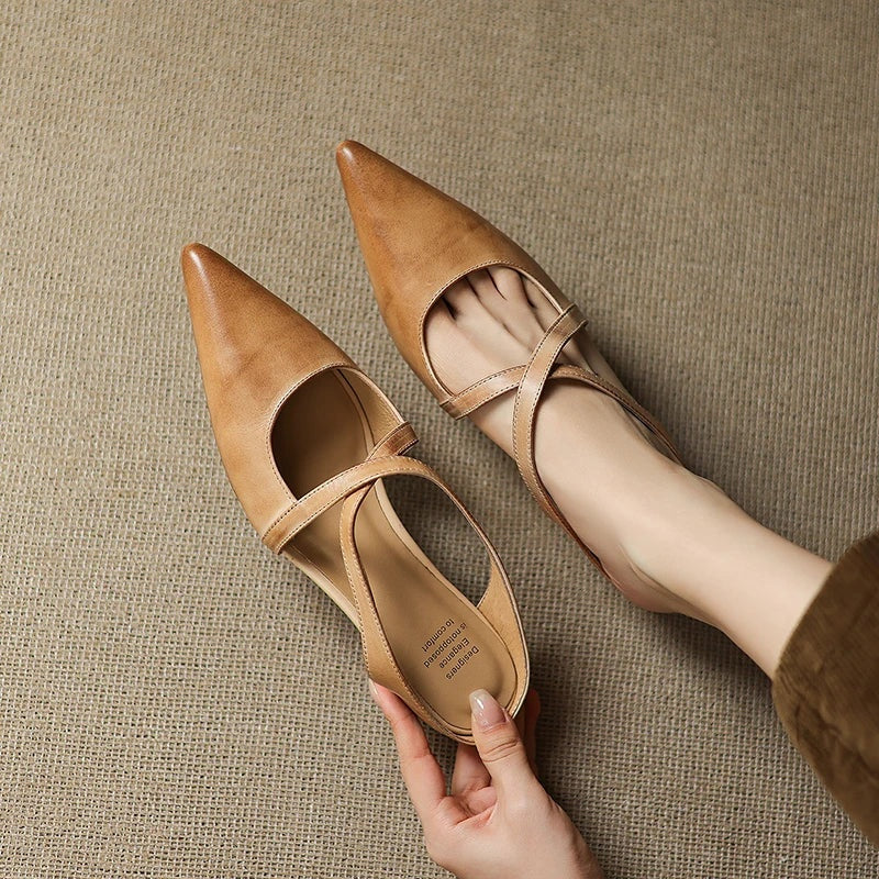 Anaïs | Mules en Cuir à Talon Carré Femme Lanières Croisées Bout Pointu