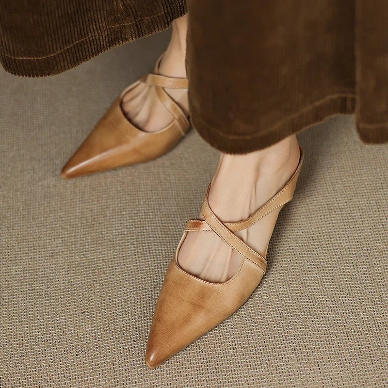 Anaïs | Mules en Cuir à Talon Carré Femme Lanières Croisées Bout Pointu