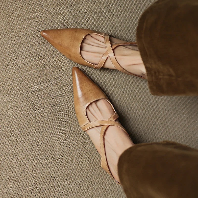 Anaïs | Mules en Cuir à Talon Carré Femme Lanières Croisées Bout Pointu