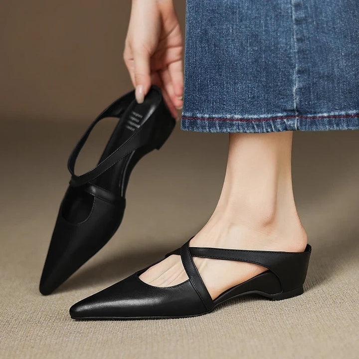 Anaïs | Mules en Cuir à Talon Carré Femme Lanières Croisées Bout Pointu