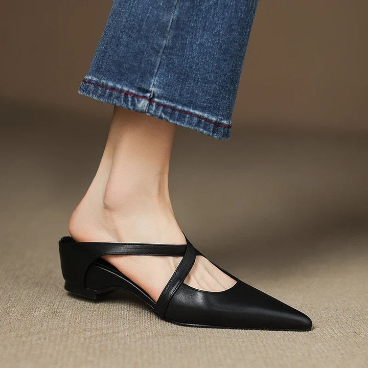 Anaïs | Mules en Cuir à Talon Carré Femme Lanières Croisées Bout Pointu