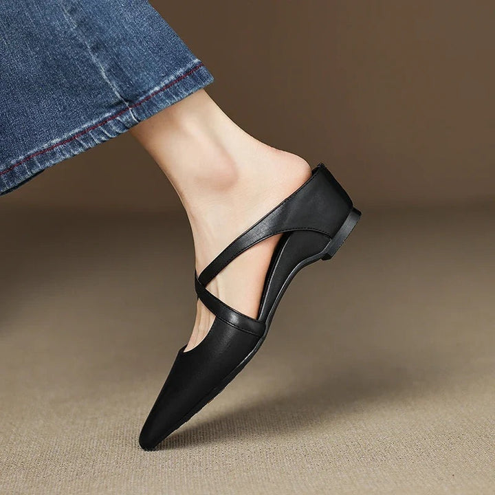 Anaïs | Mules en Cuir à Talon Carré Femme Lanières Croisées Bout Pointu