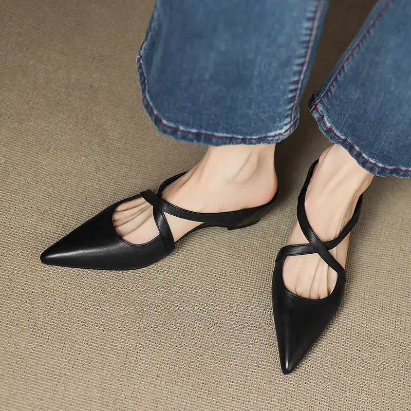 Anaïs | Mules en Cuir à Talon Carré Femme Lanières Croisées Bout Pointu