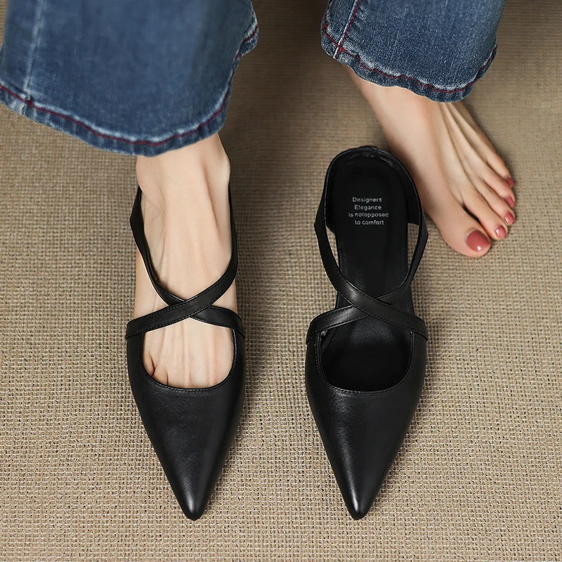 Anaïs | Mules en Cuir à Talon Carré Femme Lanières Croisées Bout Pointu