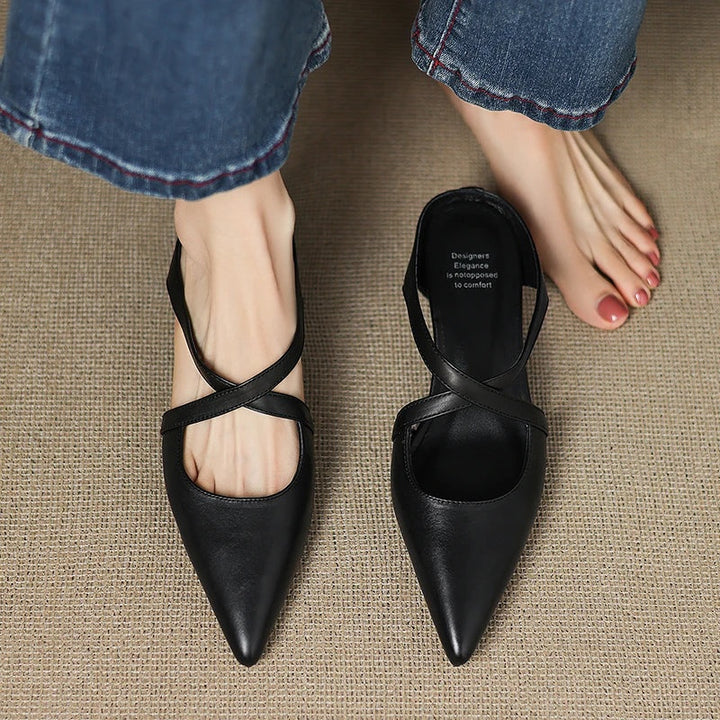 Anaïs | Mules en Cuir à Talon Carré Femme Lanières Croisées Bout Pointu