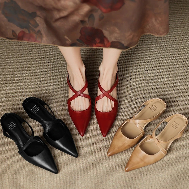 Anaïs | Mules en Cuir à Talon Carré Femme Lanières Croisées Bout Pointu
