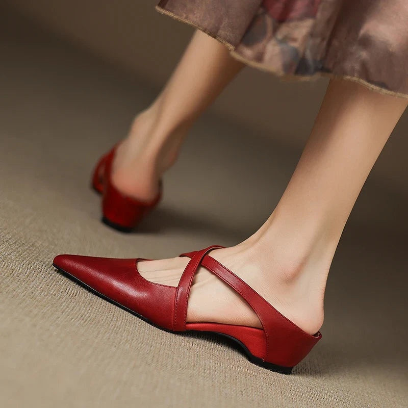 Anaïs | Mules en Cuir à Talon Carré Femme Lanières Croisées Bout Pointu
