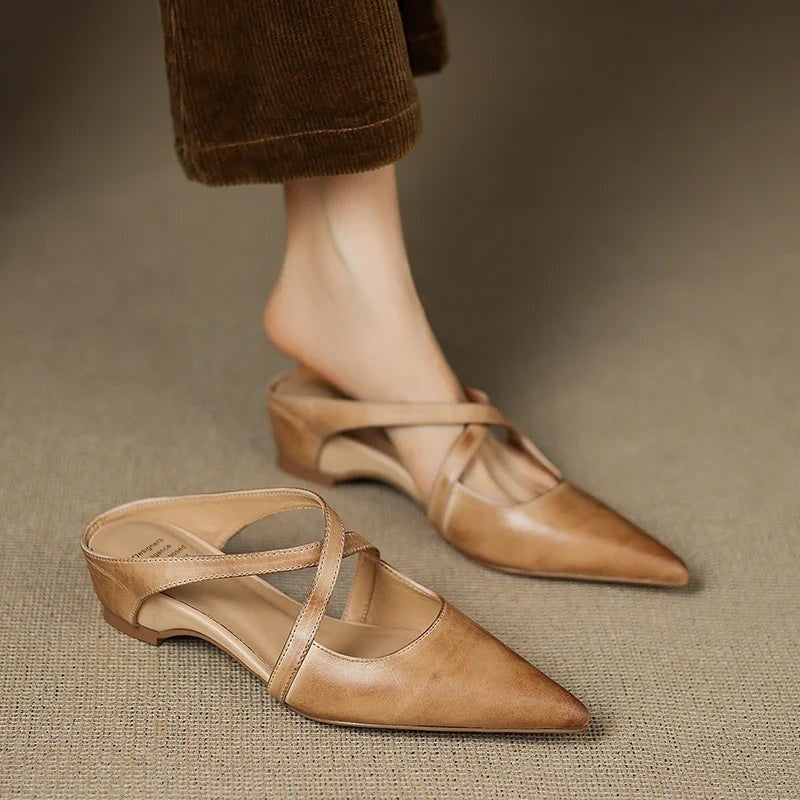 Anaïs | Mules en Cuir à Talon Carré Femme Lanières Croisées Bout Pointu