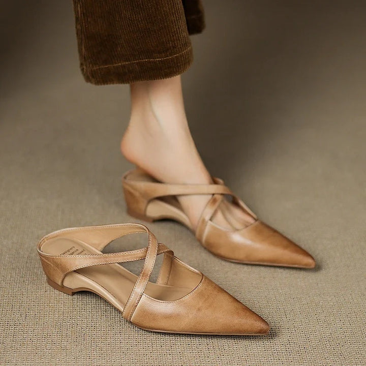 Anaïs | Mules en Cuir à Talon Carré Femme Lanières Croisées Bout Pointu