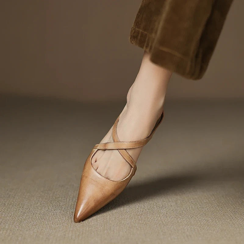 Anaïs | Mules en Cuir à Talon Carré Femme Lanières Croisées Bout Pointu