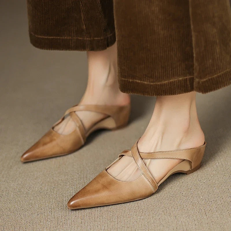 Anaïs | Mules en Cuir à Talon Carré Femme Lanières Croisées Bout Pointu