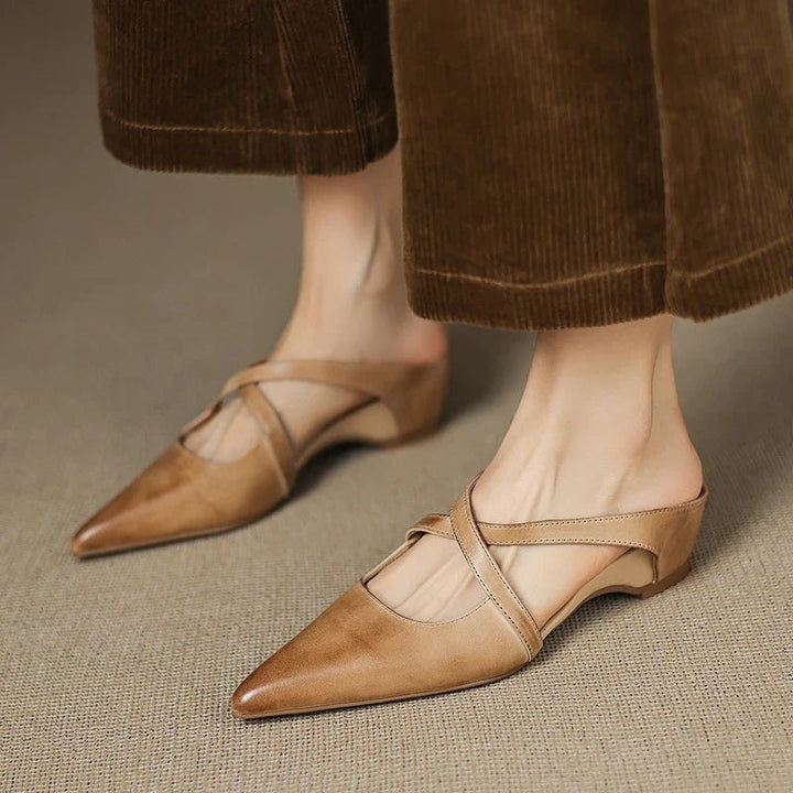 Anaïs | Mules en Cuir à Talon Carré Femme Lanières Croisées Bout Pointu