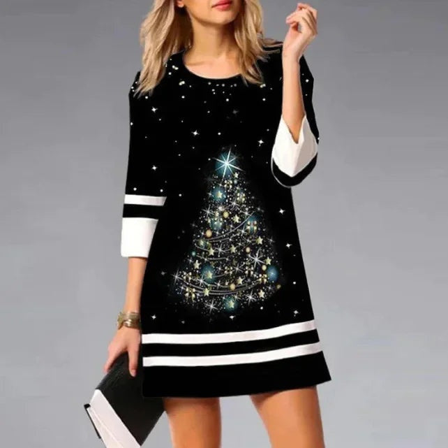 Apolline | Robe de Noël Femme Sequin Imprimé Renne Manches 3/4