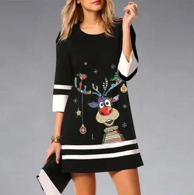 Apolline | Robe de Noël Femme Sequin Imprimé Renne Manches 3/4