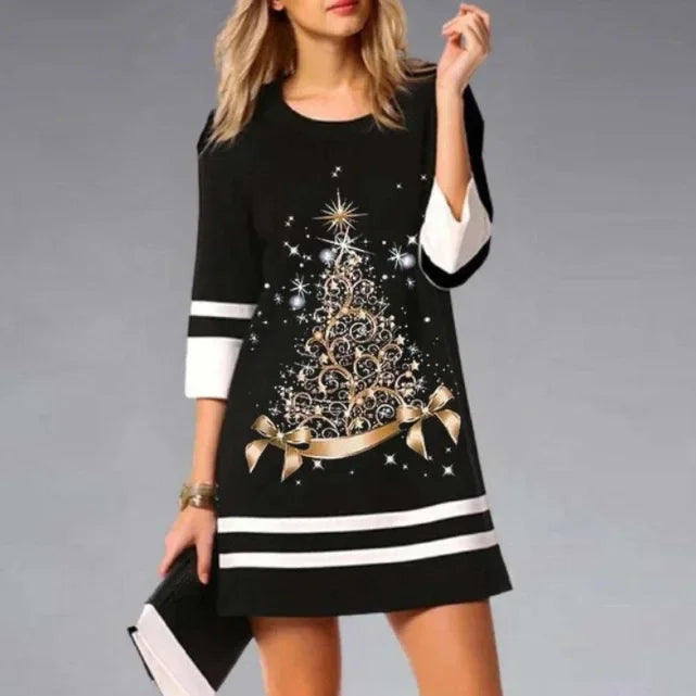 Apolline | Robe de Noël Femme Sequin Imprimé Renne Manches 3/4