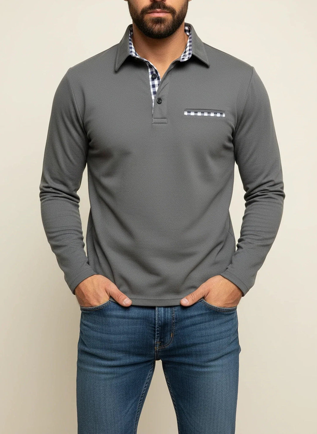 Arthur | Polo Manches Longues Homme Col Carreaux Poche Poitrine
