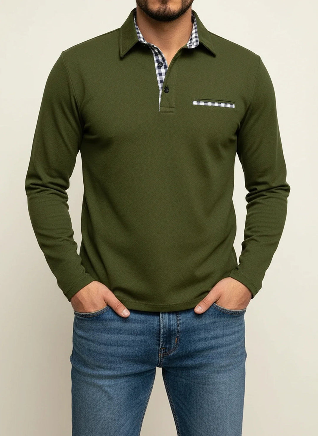Arthur | Polo Manches Longues Homme Col Carreaux Poche Poitrine