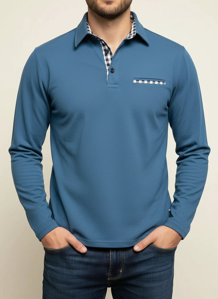 Arthur | Polo Manches Longues Homme Col Carreaux Poche Poitrine