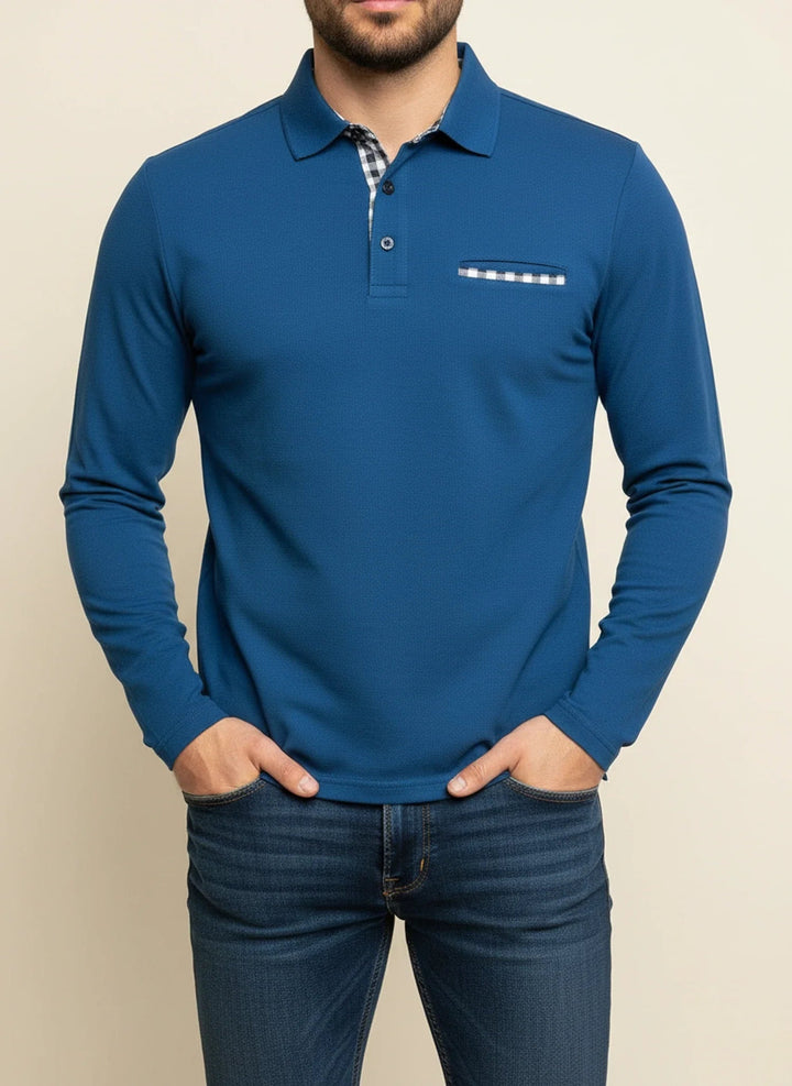 Arthur | Polo Manches Longues Homme Col Carreaux Poche Poitrine