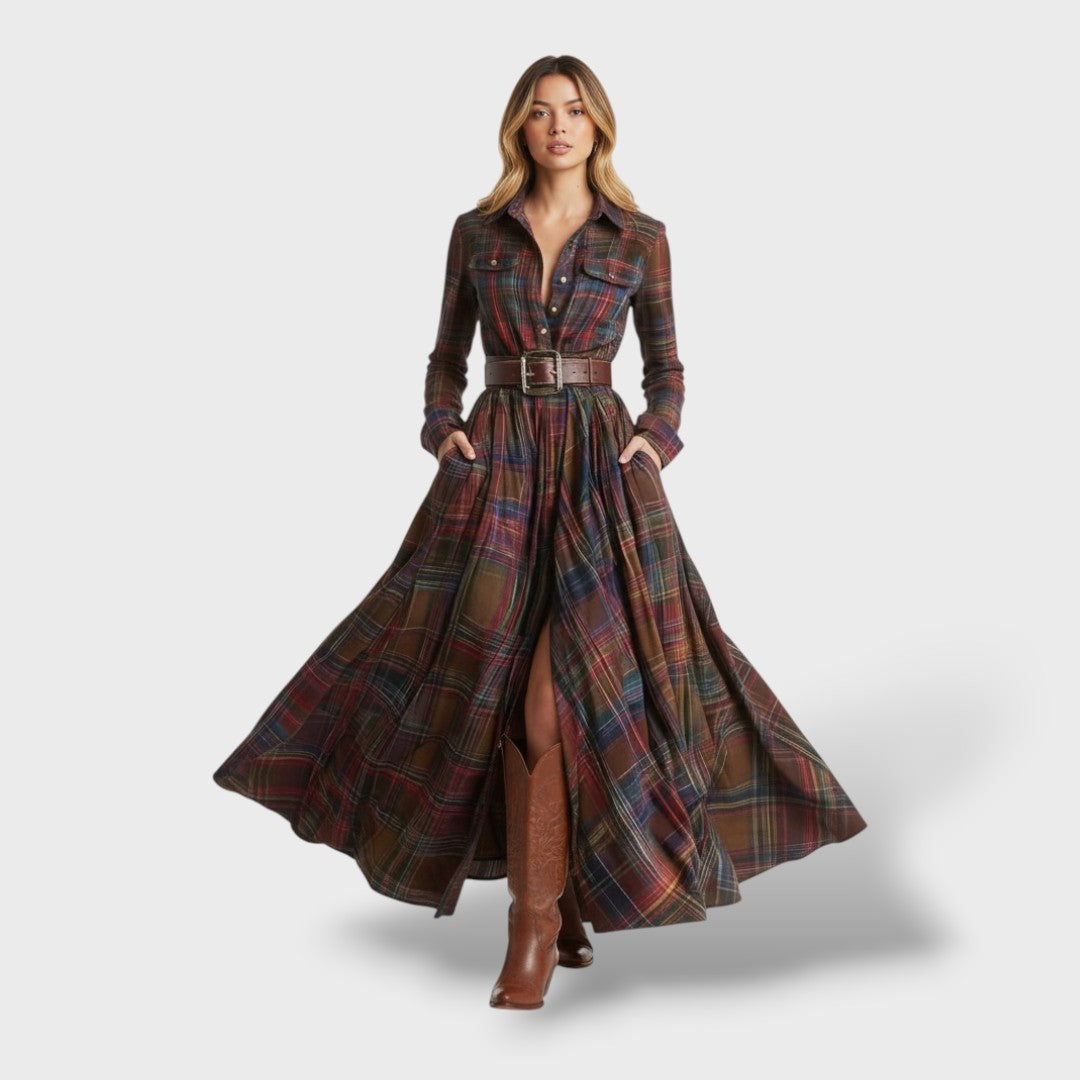 Audrey | Robe Longue Automne Femme Vintage Carreaux Manches Longues