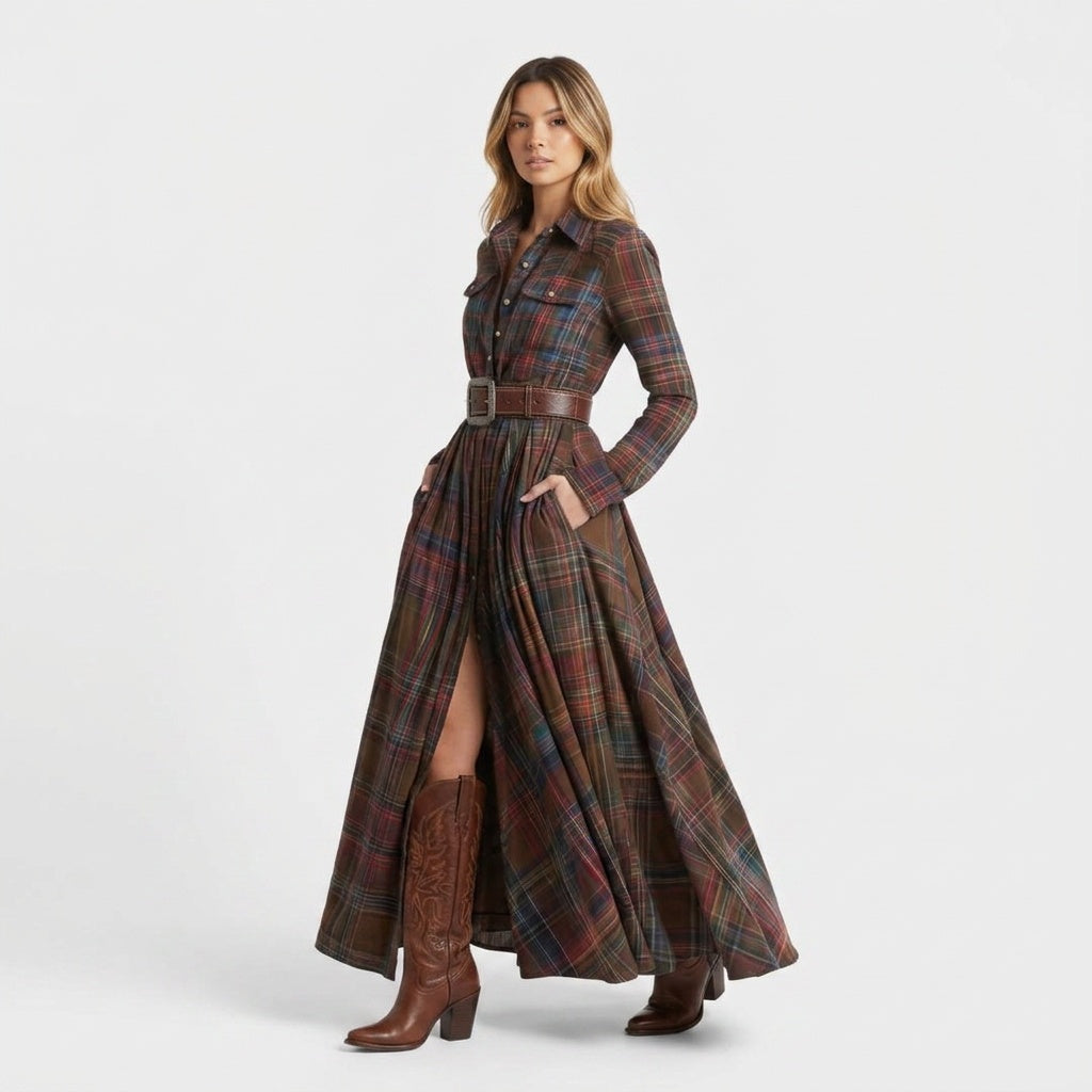 Audrey | Robe Longue Automne Femme Vintage Carreaux Manches Longues