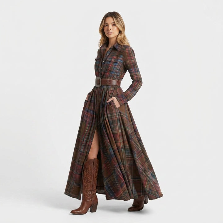 Audrey | Robe Longue Automne Femme Vintage Carreaux Manches Longues